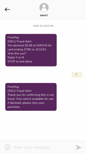 Example of what text message will look like from DNCU