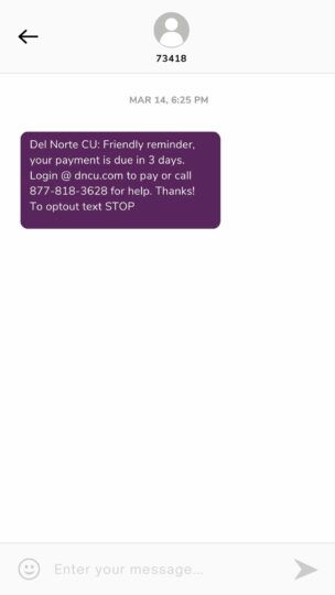 Example of what text message will look like from DNCU