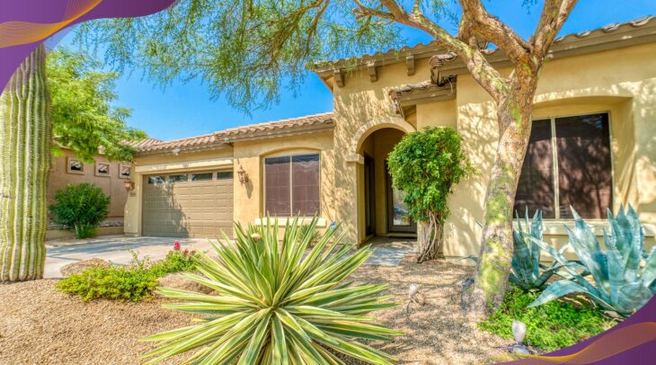 Southwest style home exterior with native plants in front yard.