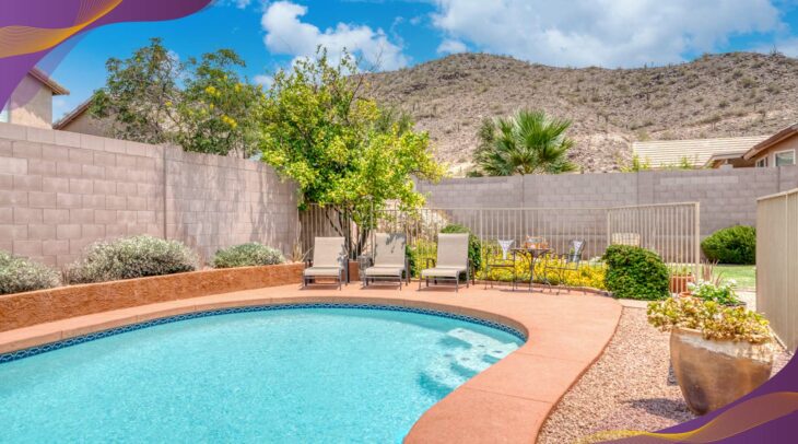 Southwest home backyard with pool and mountain in the background.