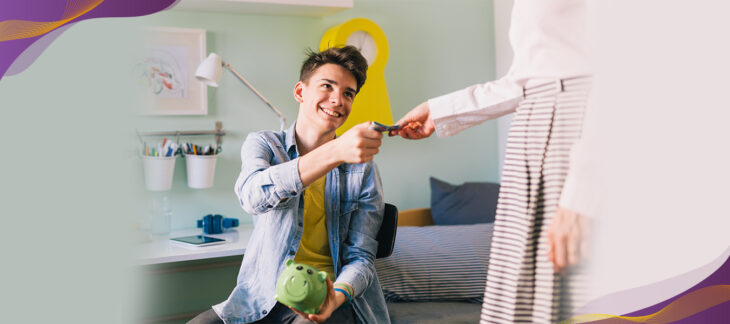 Middle school aged student boy in room receiving allowance from mom.