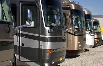 Line of new RVs for sale on lot