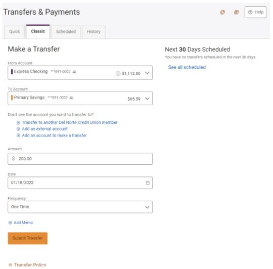 Screenshot of external transfers in DNCU's new online banking system