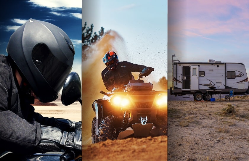 Three image composite of motorcycle ATV and RV