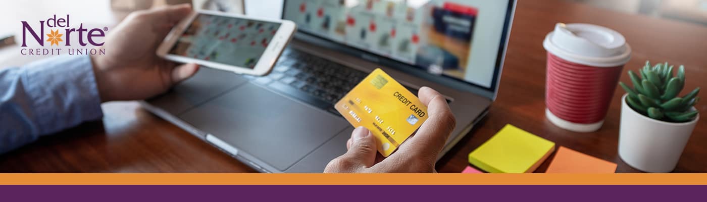 photo of person holding a credit card and smartphone, sitting at a laptop