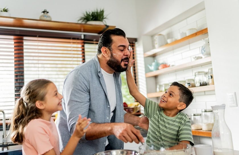 A family cooks together.