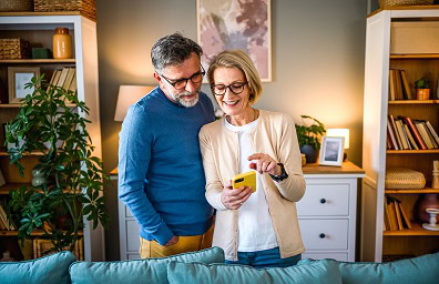 A man and a woman look at a mobile phone