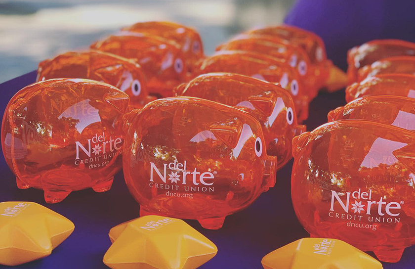 Collection of orange piggy banks on table at DNCU promotional event