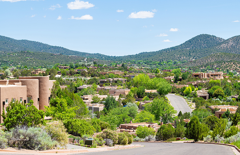 View of typical Santa Fe adobe style neighborhood in afternoon