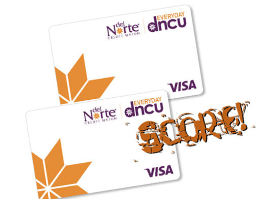 Pair of DNCU credit cards with logo that reads SCORE!